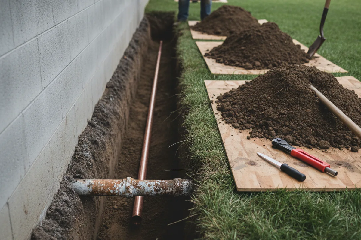 Excavated water line trench during Sewer Line Repair in Lumber Bridge